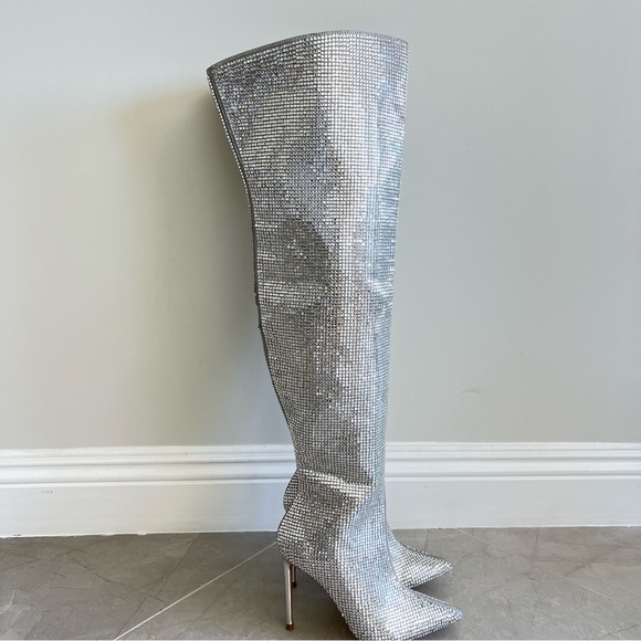STEVE MADDEN Skyscraper Rhinestone Bling Silver Over The Knee Heels Boots Sz 6.5 - Picture 4 of 16